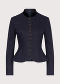 Navy women’s trachten jacket with fitted waist, stand collar, and classic alpine buttons.