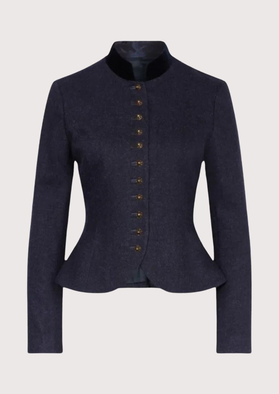 Navy women’s trachten jacket with fitted waist, stand collar, and classic alpine buttons.