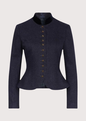 Navy women’s trachten jacket with fitted waist, stand collar, and classic alpine buttons.