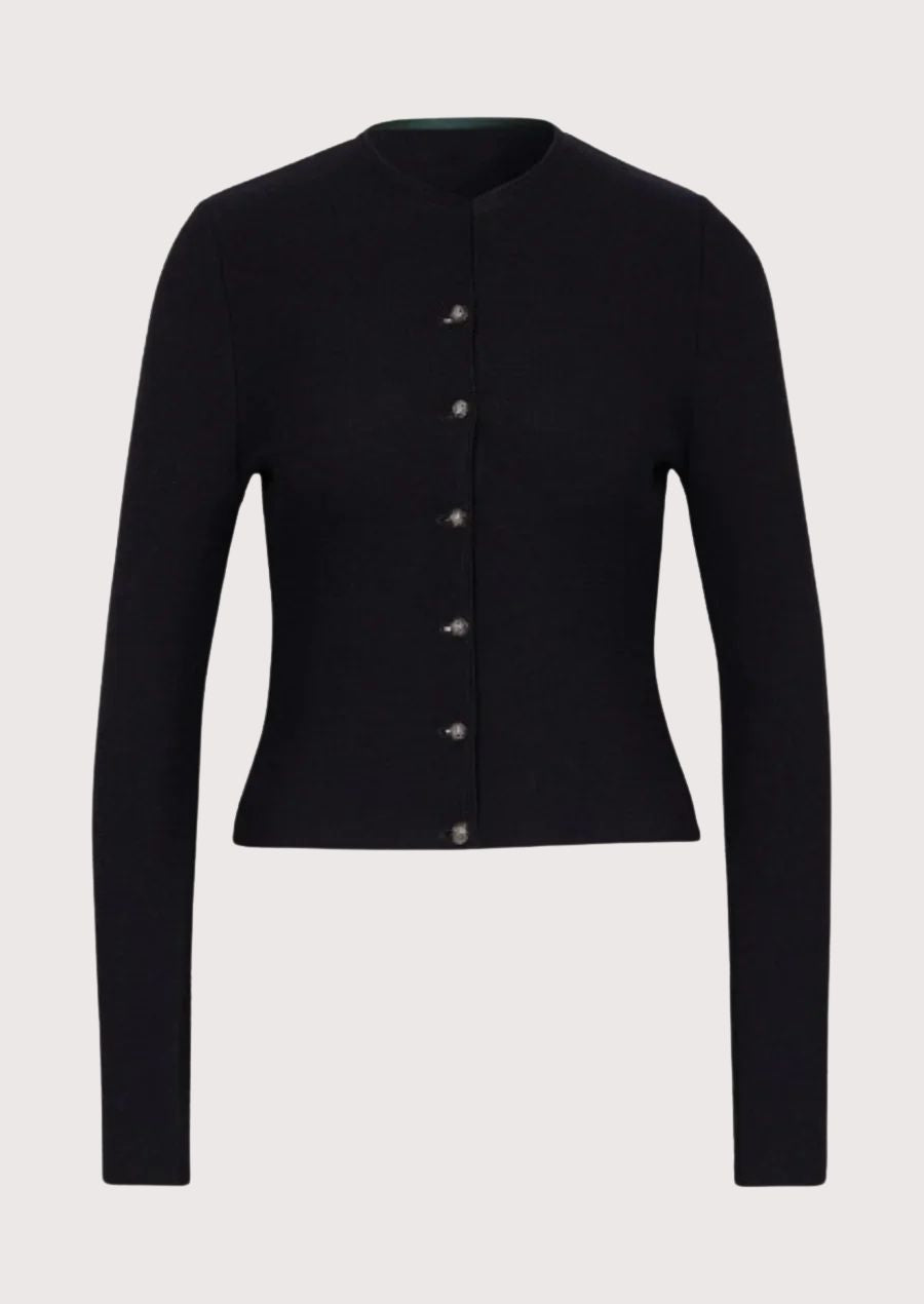 Navy Wool Trachten Jacket with minimalist stand collar, silver button closure, fitted silhouette, and authentic Alpine tailoring.