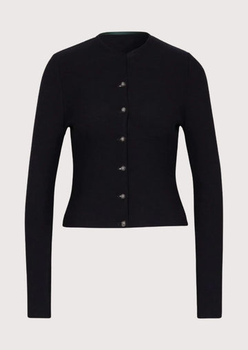 Navy Wool Trachten Jacket with minimalist stand collar, silver button closure, fitted silhouette, and authentic Alpine tailoring.