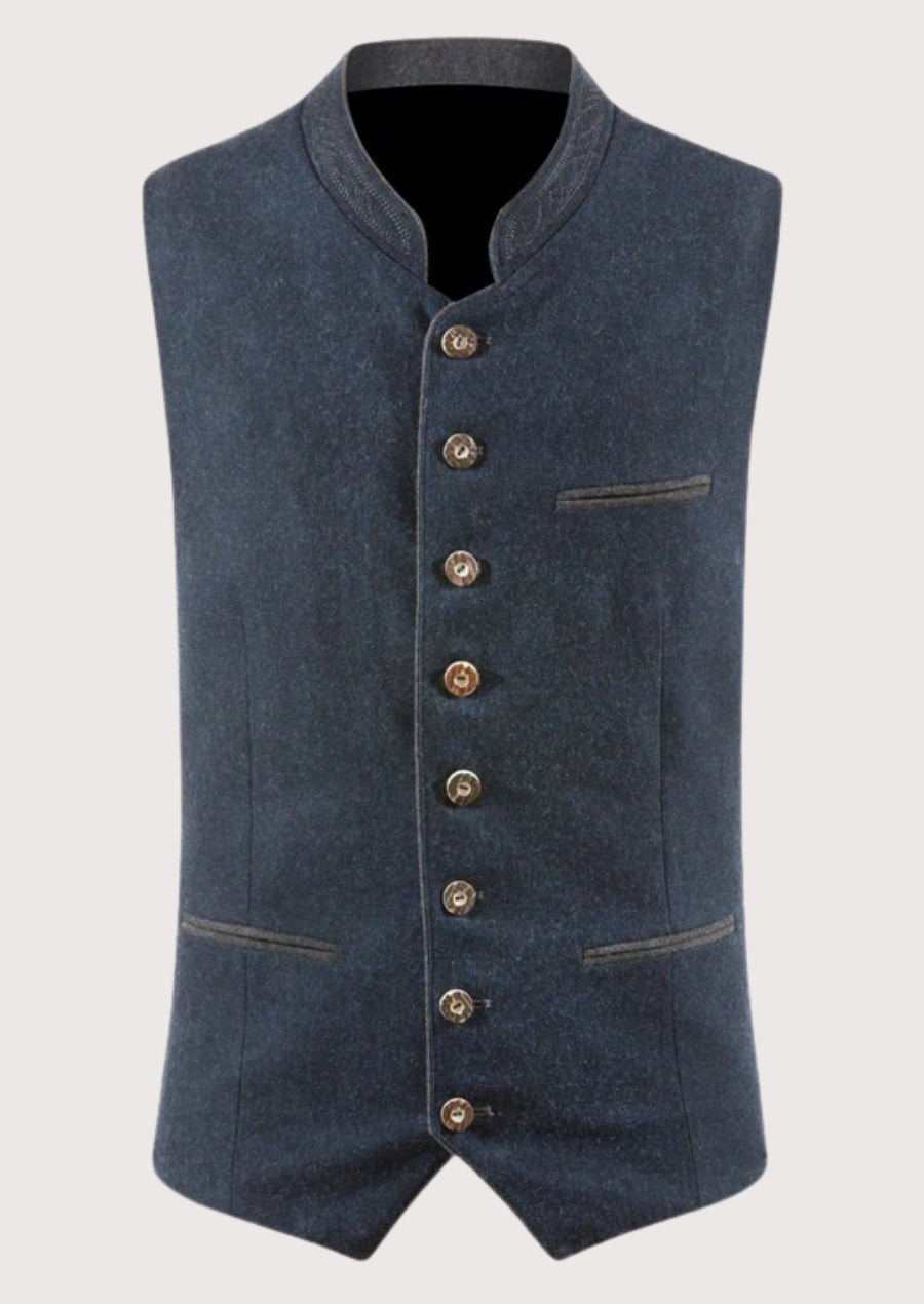Navy Wool Trachten Stand Vest for men with premium wool fabric, stand collar, decorative buttons, Bavarian waistcoat, Oktoberfest clothing, traditional German fashion.