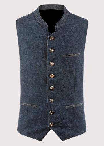 Navy Wool Trachten Stand Vest for men with premium wool fabric, stand collar, decorative buttons, Bavarian waistcoat, Oktoberfest clothing, traditional German fashion.