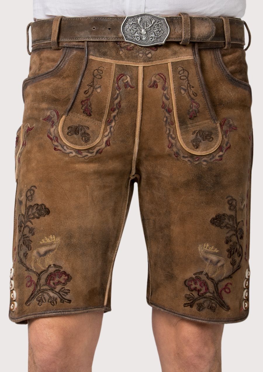 oak stag bavarian lederhosen featuring decorative embroidery, deer artwork and traditional side buttons