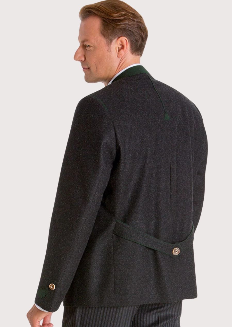 Elegant men's Oktoberfest jacket featuring embroidered oak leaf designs, premium wool fabric, and gold buttons for a traditional Bavarian look.

