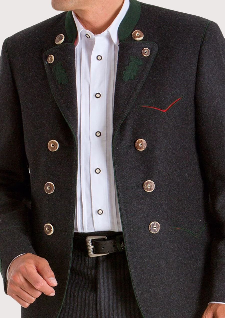 Dark grey Oktoberfest Bavarian jacket for men with green embroidery and rustic button details, perfect for weddings and cultural festivals.

