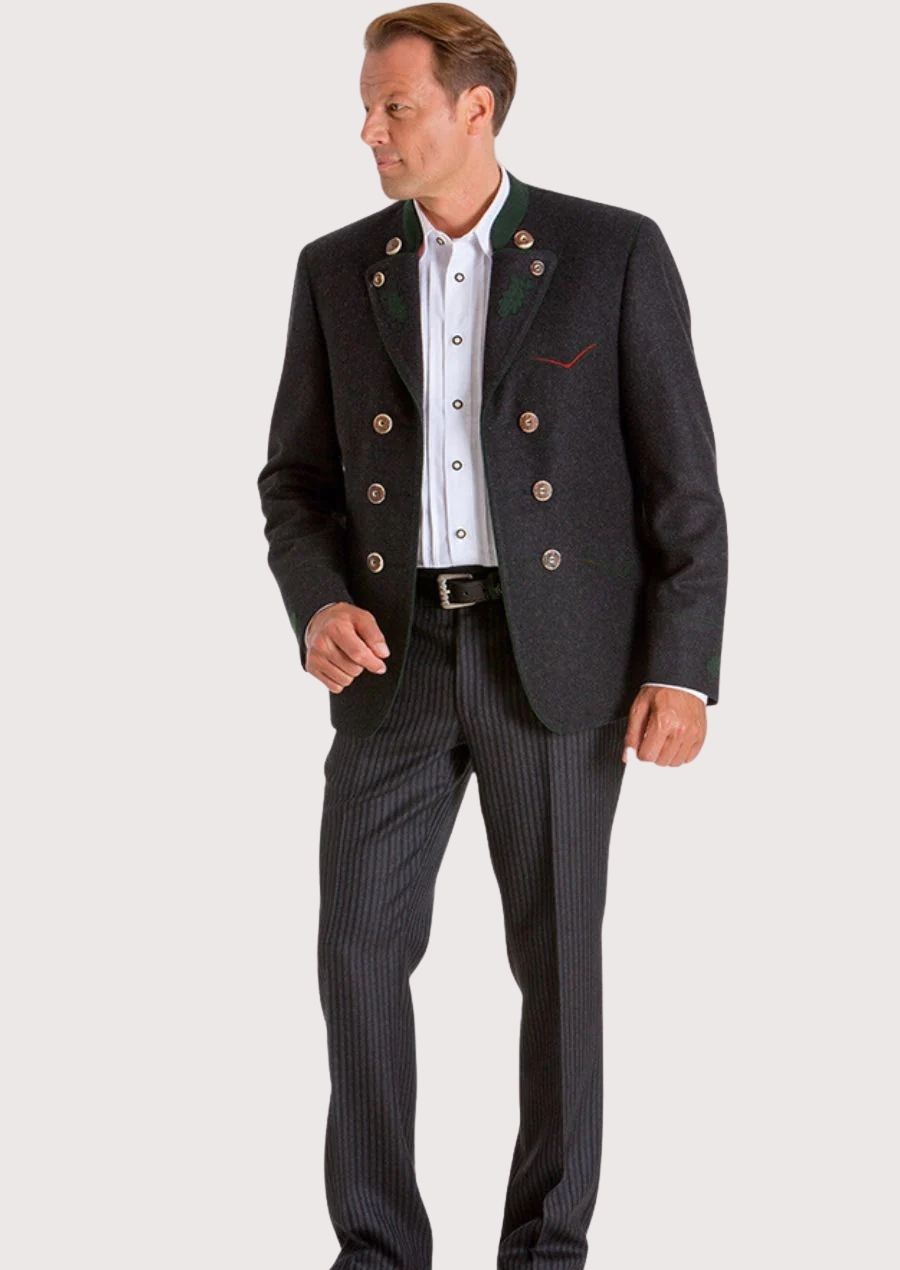 Oktoberfest Bavarian Jacket for Men with embroidered oak leaves and golden buttons, perfect for cultural events and Oktoberfest.

