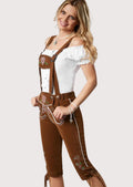 Women's Oktoberfest chestnut leather lederhosen with embroidered bib, suspenders, and classic Trachten design.