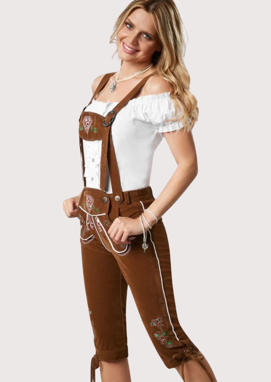 Women's Oktoberfest chestnut leather lederhosen with embroidered bib, suspenders, and classic Trachten design.