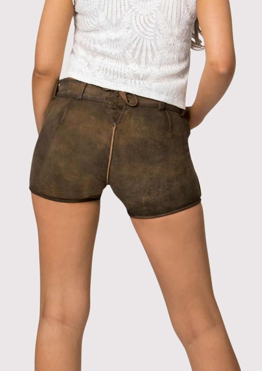 Oktoberfest women’s lederhosen shorts with floral embroidery and decorative buttons