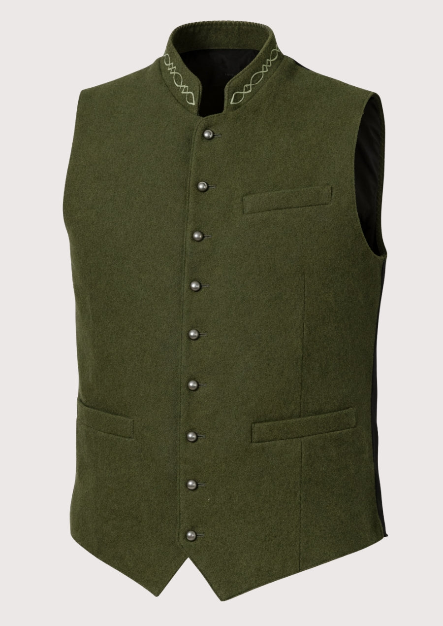 Olive Alpine Trachten Waistcoat for men with embroidered stand collar, silver buttons, premium wool waistcoat, Bavarian Oktoberfest clothing, Alpine traditional fashion.