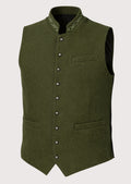 Olive Alpine Trachten Waistcoat for men with embroidered stand collar, silver buttons, premium wool waistcoat, Bavarian Oktoberfest clothing, Alpine traditional fashion.