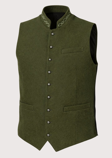 Olive Alpine Trachten Waistcoat for men with embroidered stand collar, silver buttons, premium wool waistcoat, Bavarian Oktoberfest clothing, Alpine traditional fashion.