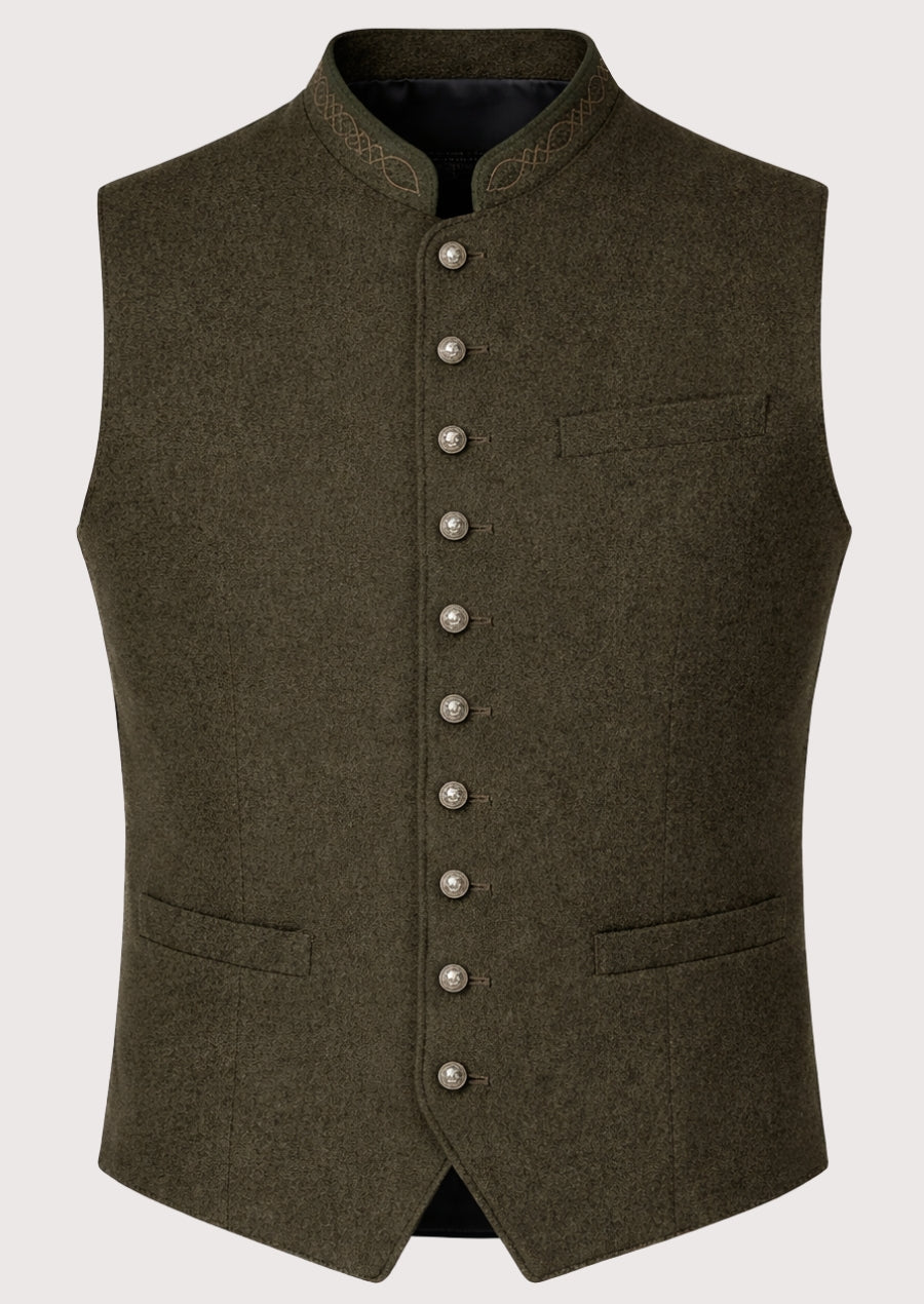 Olive Alpine Wool Vest Collar Trim front view, premium Bavarian waistcoat with stand collar, adjustable back strap, traditional Oktoberfest clothing and Alpine fashion.