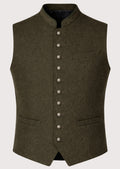 Olive Alpine Wool Vest Collar Trim front view, premium Bavarian waistcoat with stand collar, adjustable back strap, traditional Oktoberfest clothing and Alpine fashion.