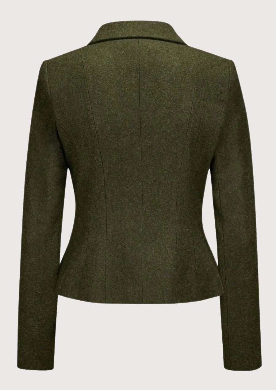 Olive green women’s alpine jacket with tailored waist and classic metal buttons.