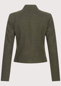Olive green women’s jacket with structured stand collar.