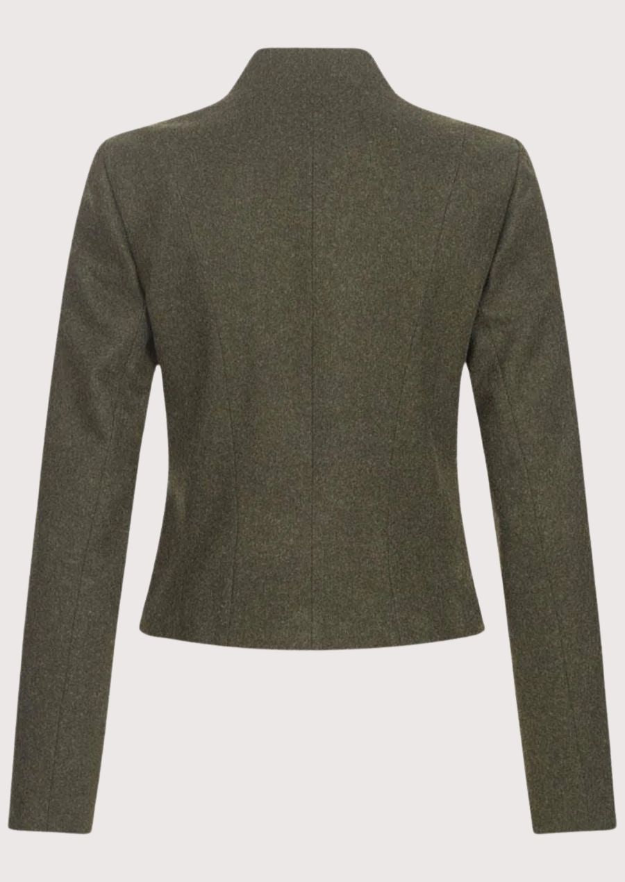 Olive green women’s jacket with structured stand collar.