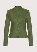 Olive green women’s trachten jacket with stand collar, fitted waist, and classic alpine buttons.