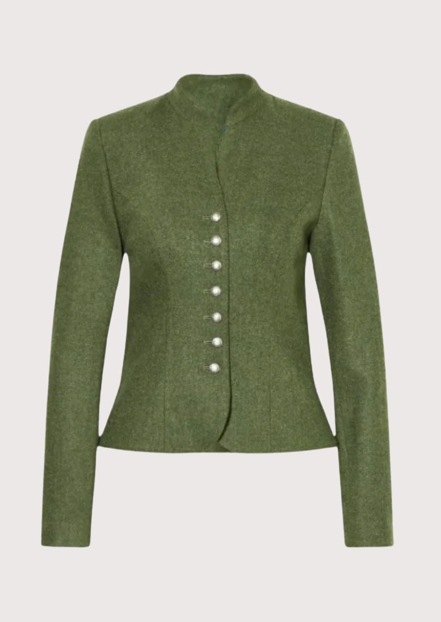 Olive green women’s trachten jacket with stand collar, fitted waist, and classic alpine buttons.