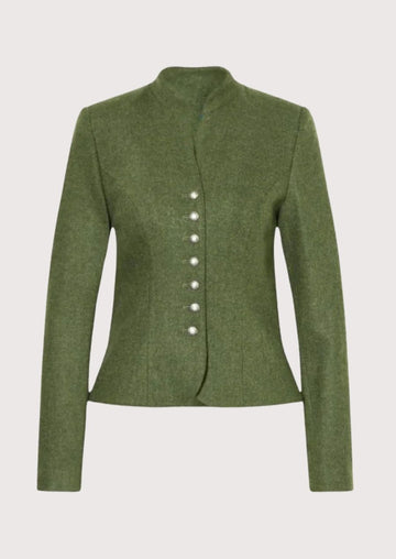 Olive green women’s trachten jacket with stand collar, fitted waist, and classic alpine buttons.