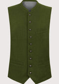 Olive oktoberfest vest for men with embroidered stand collar, Bavarian waistcoat, Oktoberfest vest, beige lederhosen, traditional German clothing, Alpine heritage menswear.