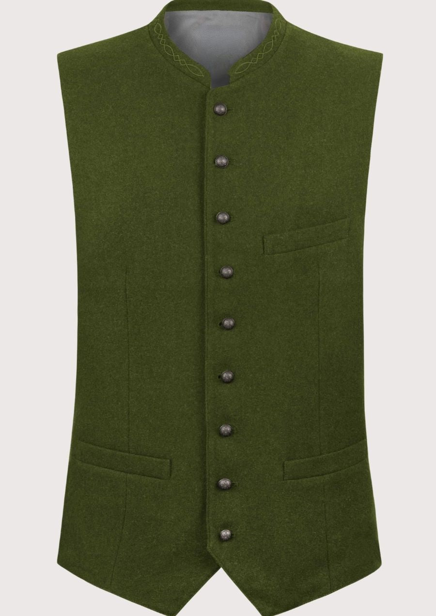 Olive oktoberfest vest for men with embroidered stand collar, Bavarian waistcoat, Oktoberfest vest, beige lederhosen, traditional German clothing, Alpine heritage menswear.