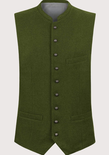 Olive oktoberfest vest for men with embroidered stand collar, Bavarian waistcoat, Oktoberfest vest, beige lederhosen, traditional German clothing, Alpine heritage menswear.
