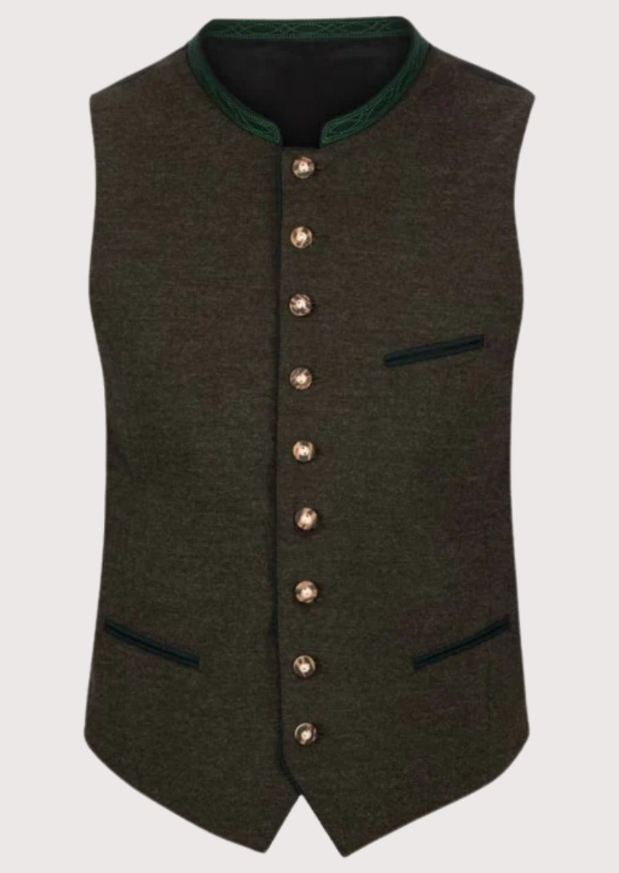 Olive Wool Trachten Vest with green trim, premium Bavarian waistcoat, stand collar, metal buttons, checkered shirt, traditional German Oktoberfest clothing.