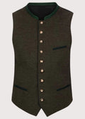 Olive Wool Trachten Vest with green trim, premium Bavarian waistcoat, stand collar, metal buttons, checkered shirt, traditional German Oktoberfest clothing.