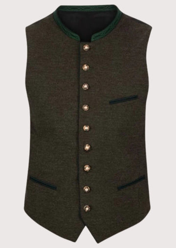 Olive Wool Trachten Vest with green trim, premium Bavarian waistcoat, stand collar, metal buttons, checkered shirt, traditional German Oktoberfest clothing.