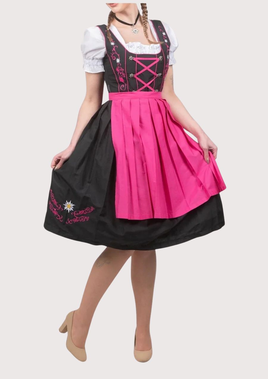 Rose pink and black embroidered Dirndl dress for women with pink apron, lace-up corset bodice, white puff sleeve blouse, traditional Bavarian Oktoberfest outfit, authentic German Alpine clothing.