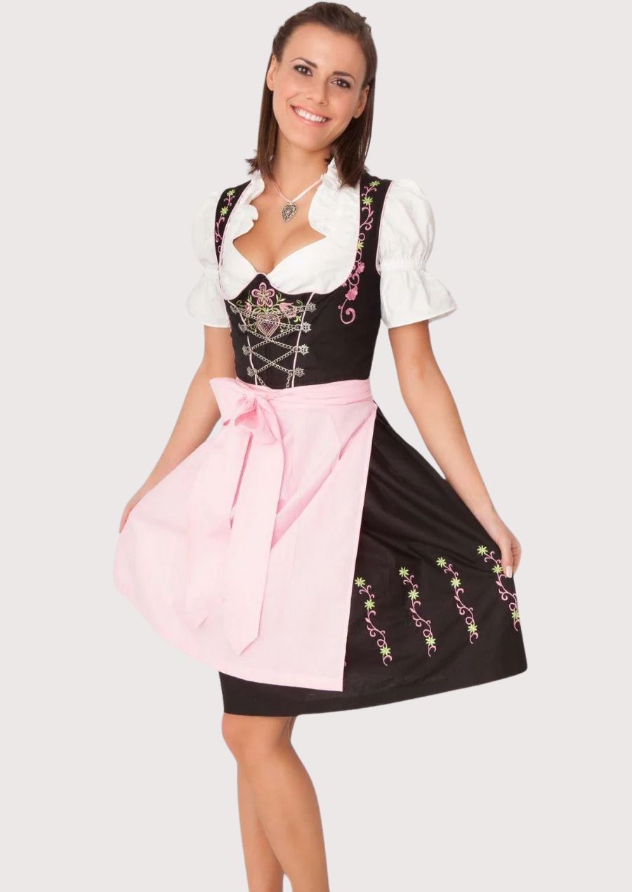 embroidered alpine dirndl dress with pastel pink apron, floral embroidered bodice, lace-up corset, white puff sleeve blouse, traditional Bavarian Oktoberfest outfit, authentic German Alpine clothing.
