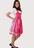 Women's pink Dirndl dress with a satin apron, lace-up bodice, white puff sleeve blouse, and traditional Bavarian Oktoberfest styling.