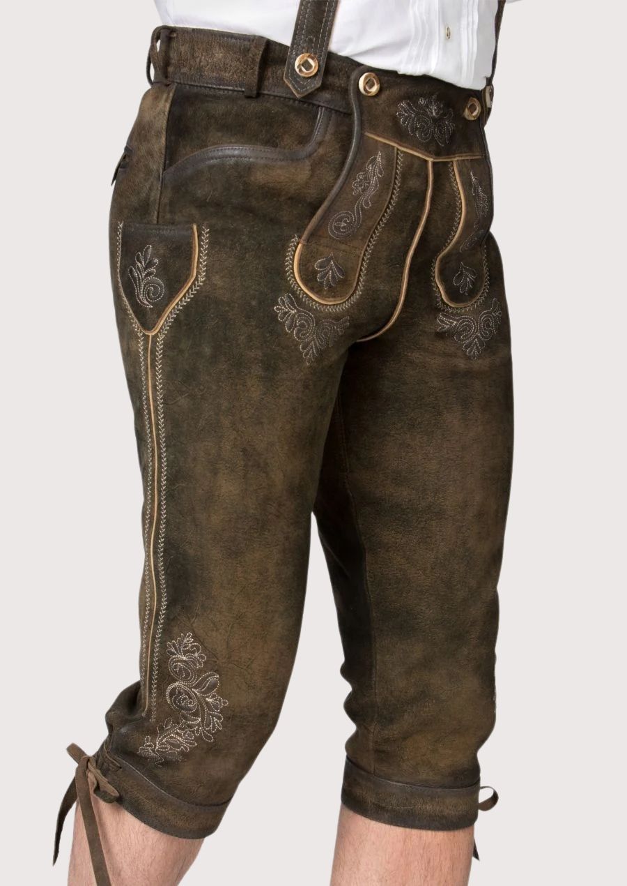 Premium Alpine Bundhosen crafted from goatskin suede with heritage-inspired embroidery and knee-length fit
