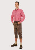 Premium Bavarian Bundhosen in aged suede leather with decorative embroidery and authentic Alpine styling