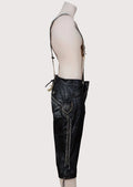 Premium Bavarian Bundhosen in black leather featuring embroidered front flap and adjustable suspenders