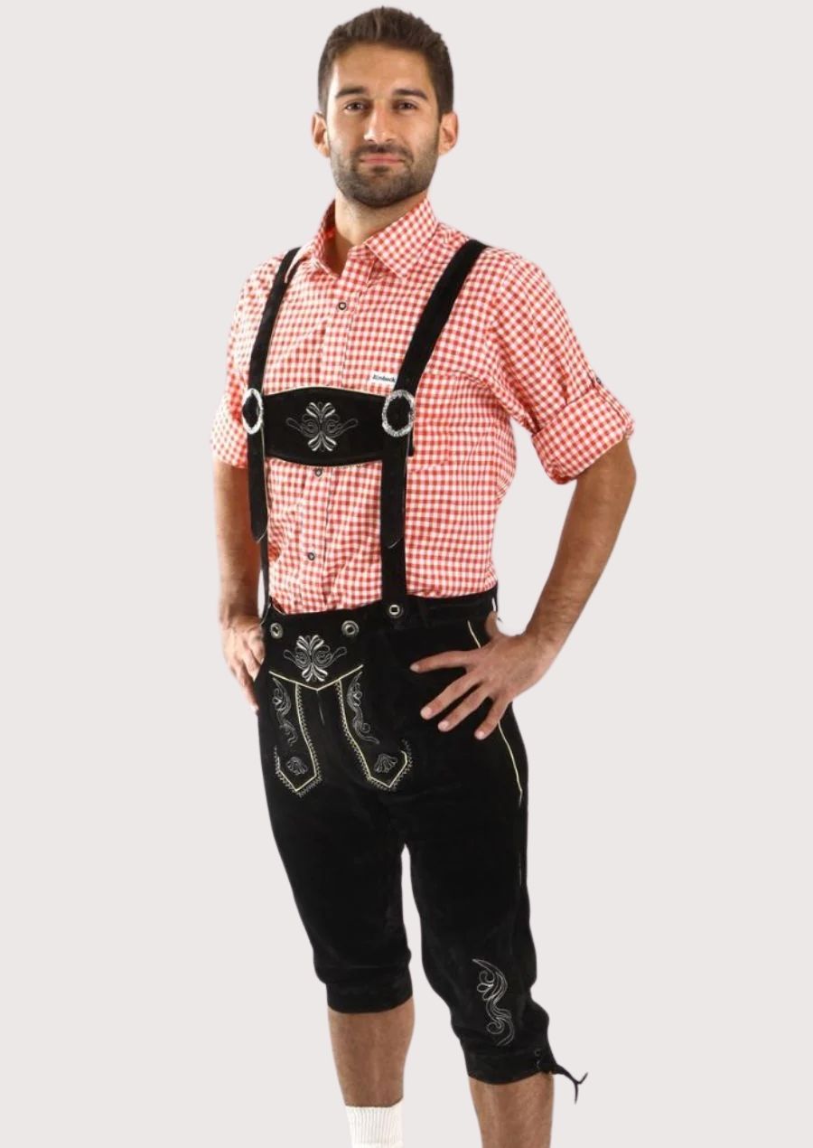 Premium Bavarian Bundhosen in black suede leather featuring embroidered front flap and adjustable braces