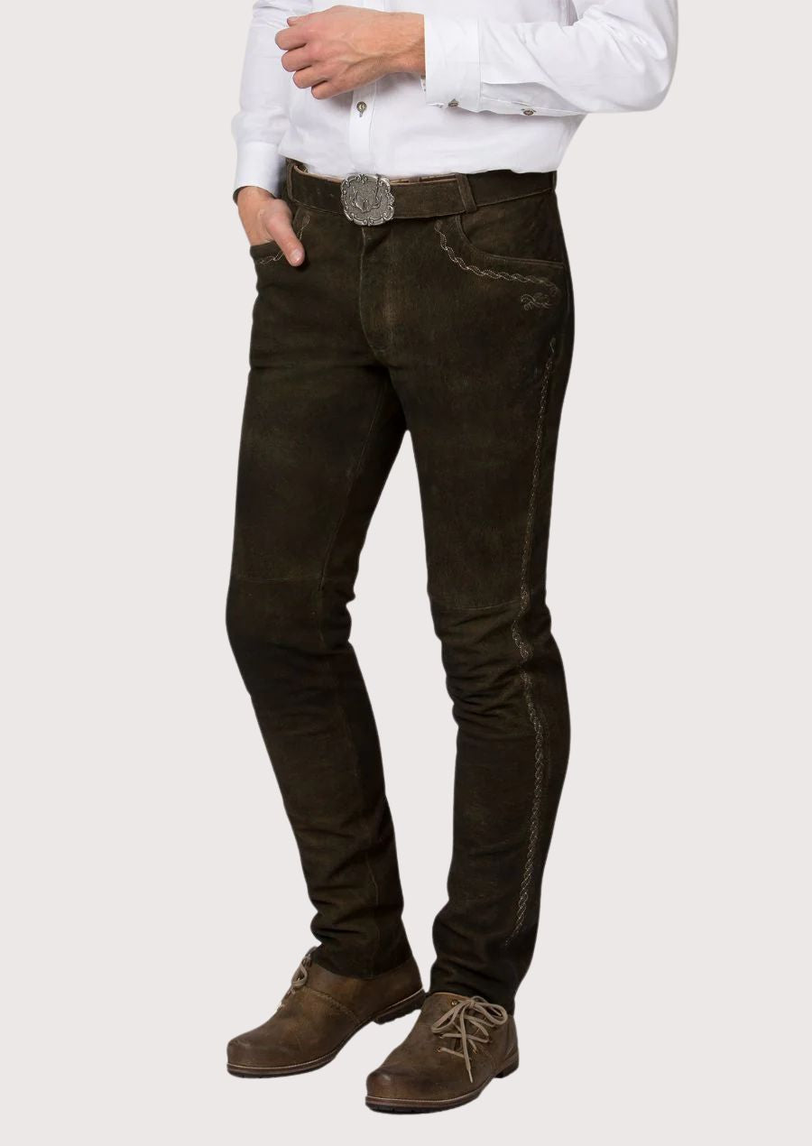 Premium Bavarian leather pants crafted from high-quality suede with authentic Alpine heritage detailing