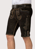 Traditional dark brown leather lederhosen shorts with decorative embroidery and heritage-inspired details