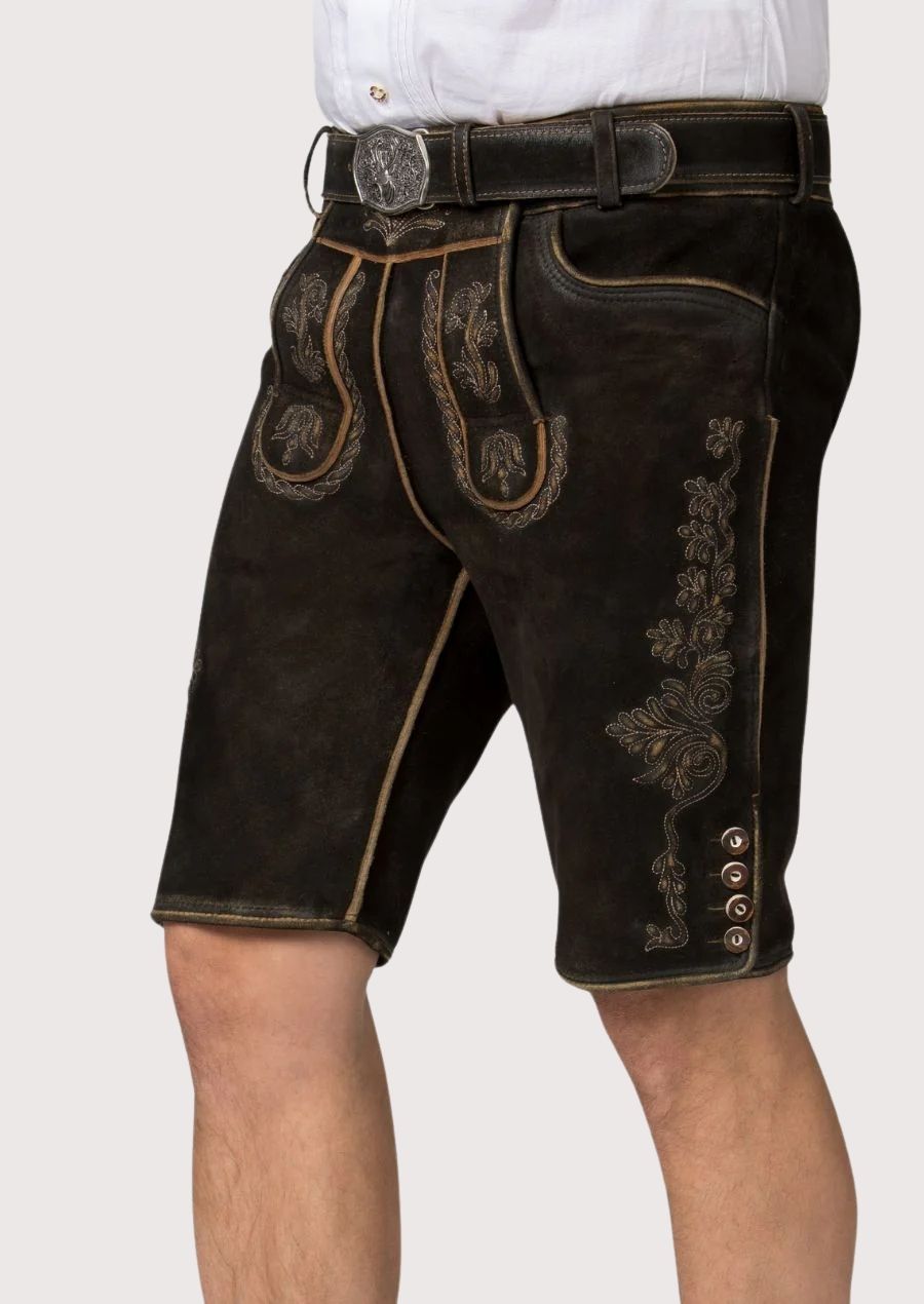 Traditional dark brown leather lederhosen shorts with decorative embroidery and heritage-inspired details