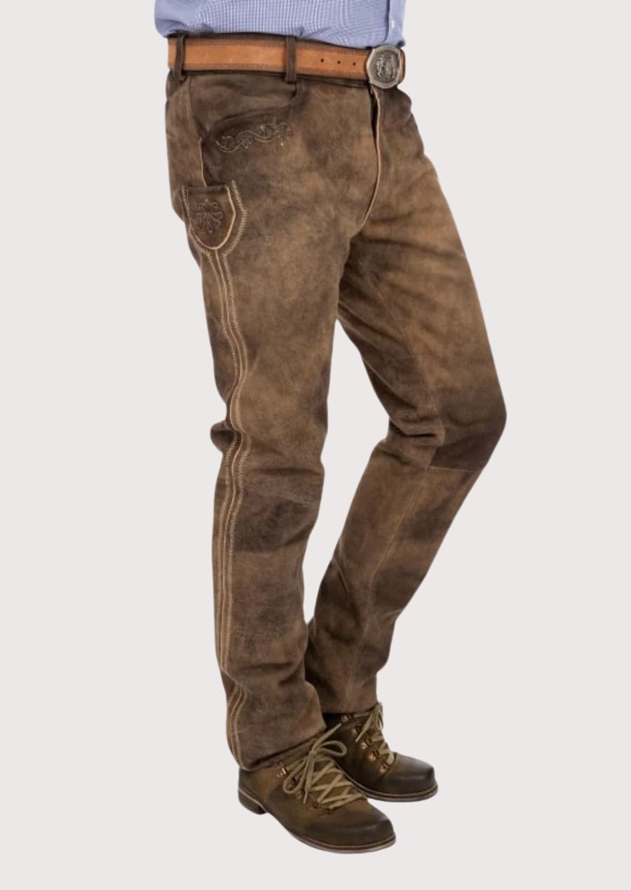 Premium Bavarian suede trousers in brown with authentic Alpine craftsmanship and heritage-inspired design