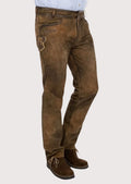 Premium Bavarian suede trousers in vintage brown crafted with authentic Alpine craftsmanship and tailored comfort