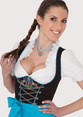 Premium Alpine Dirndl dress with embroidered detailing, decorative silver hooks, blue apron, and timeless Bavarian craftsmanship.