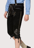 Premium black embroidered lederhosen crafted from goatskin suede with adjustable suspenders and heritage design