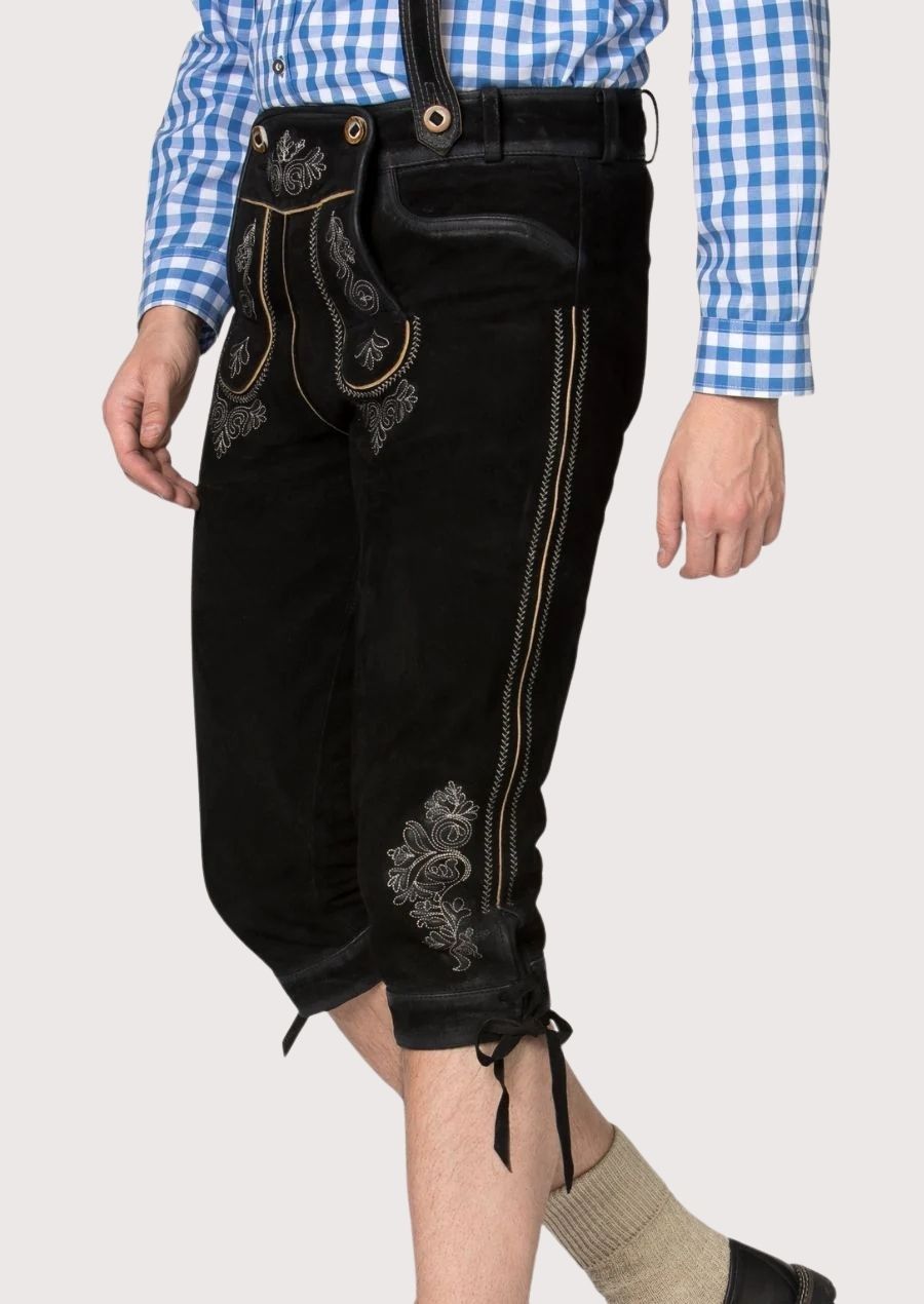 Premium black embroidered lederhosen crafted from goatskin suede with adjustable suspenders and heritage design
