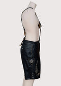 Authentic black leather lederhosen featuring deer motif embroidery, suspenders, and Alpine-inspired craftsmanship