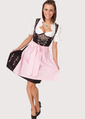 Premium German Dirndl dress crafted with floral embroidery, pink waist apron, embroidered black skirt, white puff sleeves, and feminine Bavarian elegance.