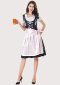 Premium German Dirndl outfit featuring a lace-up corset front, white puff sleeves, glossy pink apron, and timeless Oktoberfest elegance.