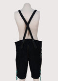 Premium black suede lederhosen with detailed green embroidery, adjustable braces, and classic Alpine design
